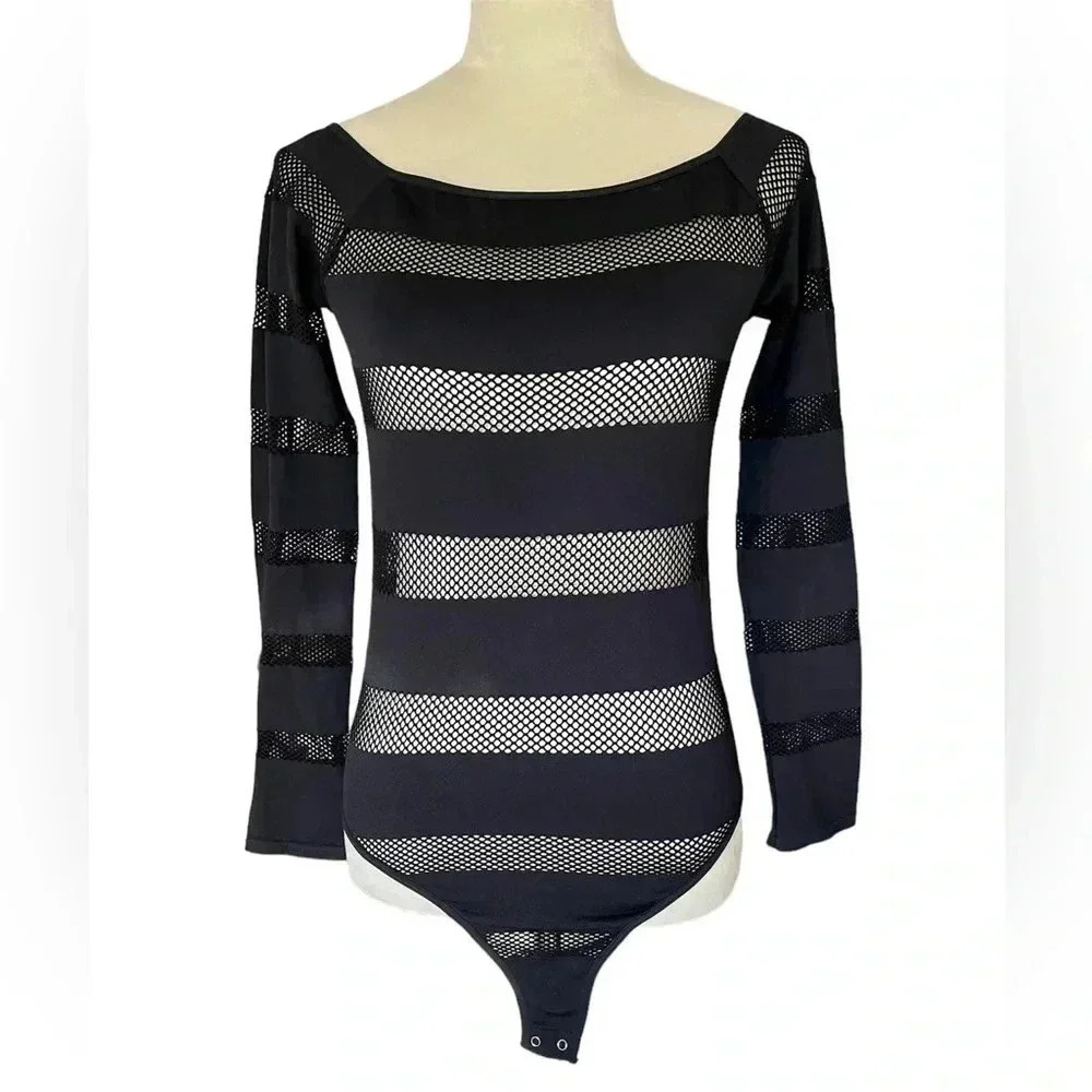 Fashion‎ Nova Women Black Stripes Semi Sheer Long Sleeves Bodysuit Size M